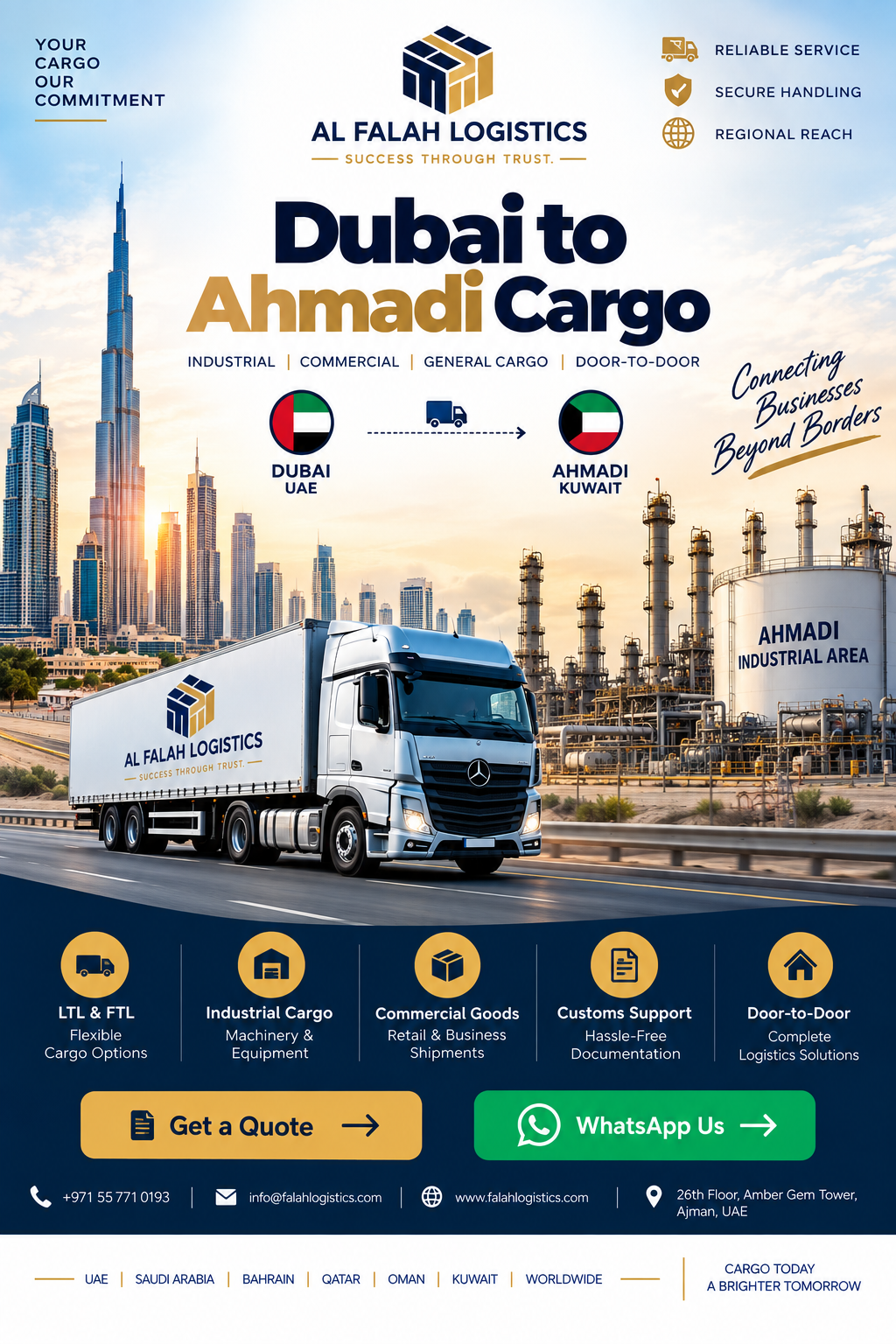 Dubai to Ahmadi Cargo services by Al Falah Logistics